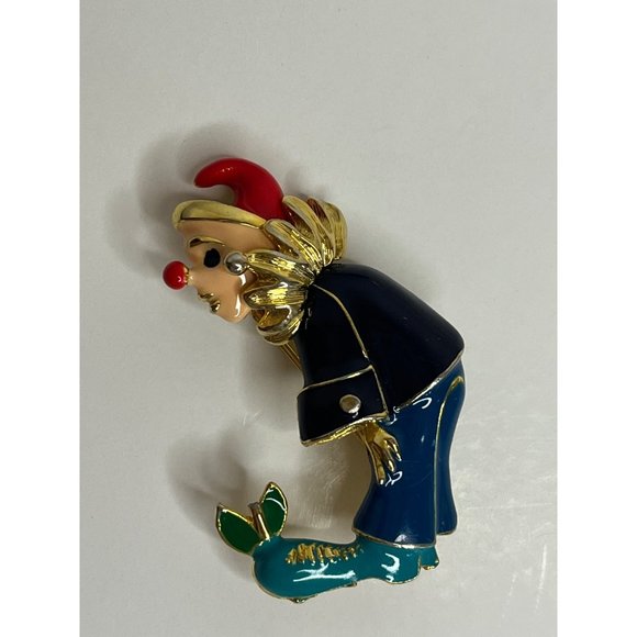 VINTAGE Enamel Clown Jester Brooch Pin Red Nose Gold Tone Funny Unique - Picture 7 of 8